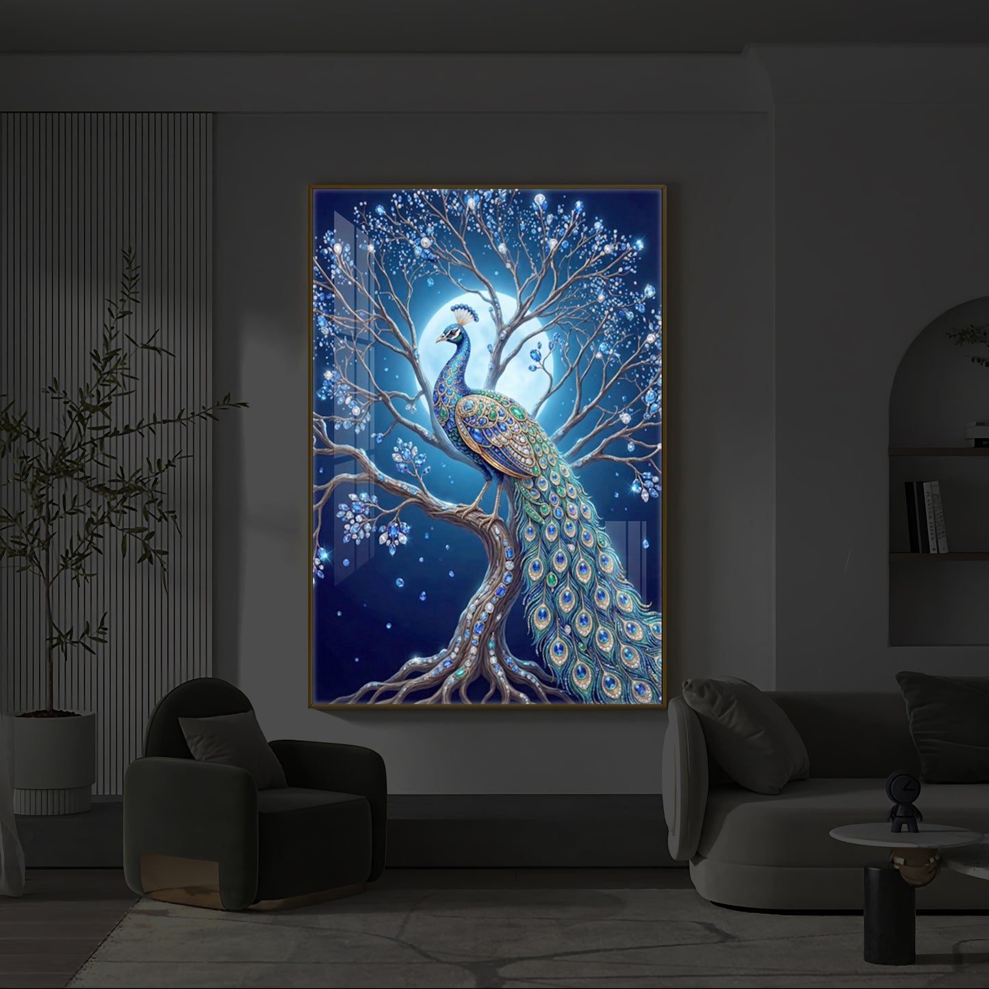 Blue Peacock Modern Luxury Backlight Vertical Wall Art