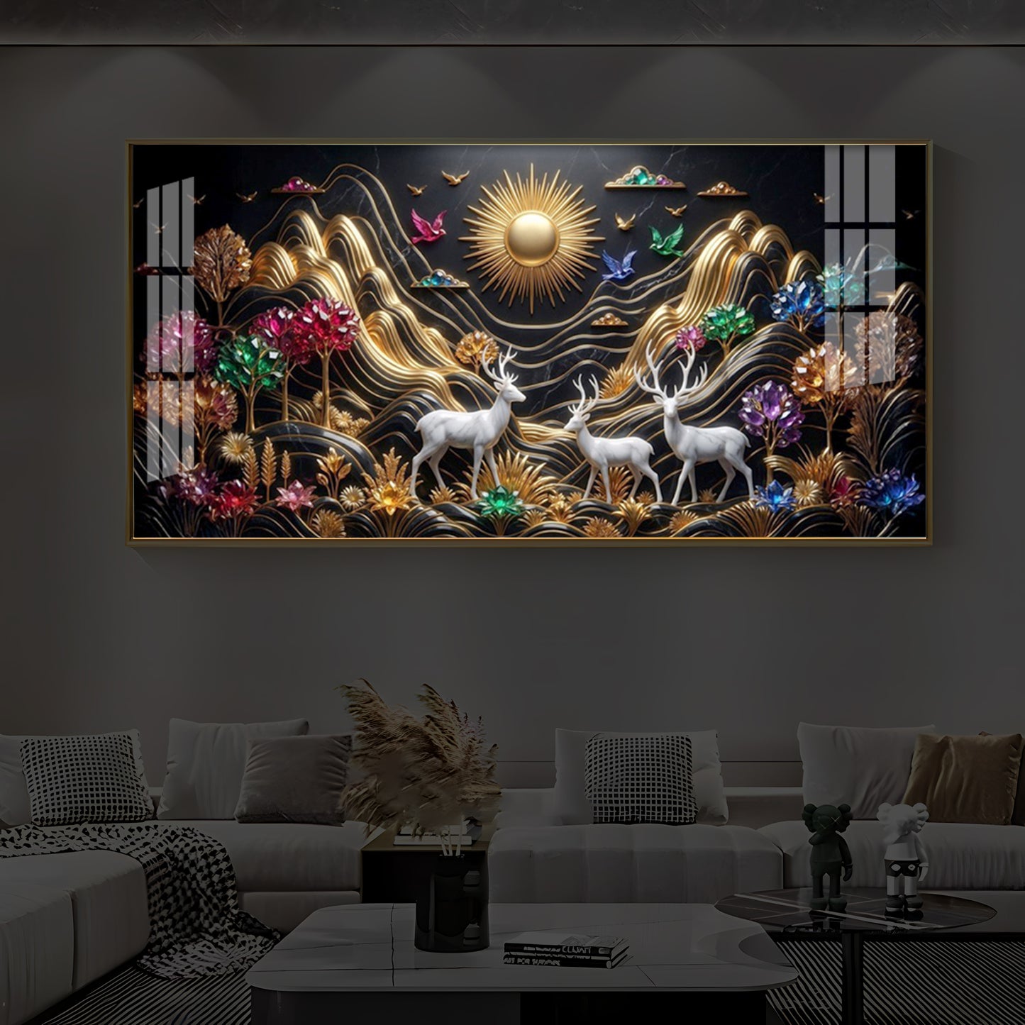 White Deer With Sun Modern Luxury Backlight Horizontal Wall Art