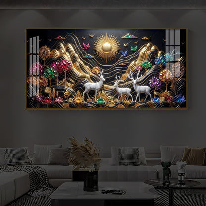White Deer With Sun Modern Luxury Backlight Horizontal Wall Art