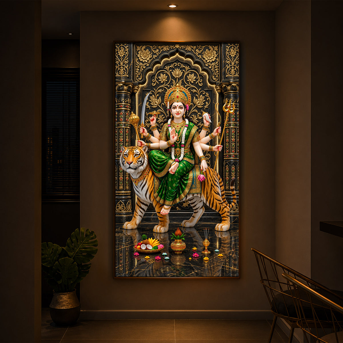 Maa Durga In Green Saree Modern Luxury Backlight Vertical Wall Art