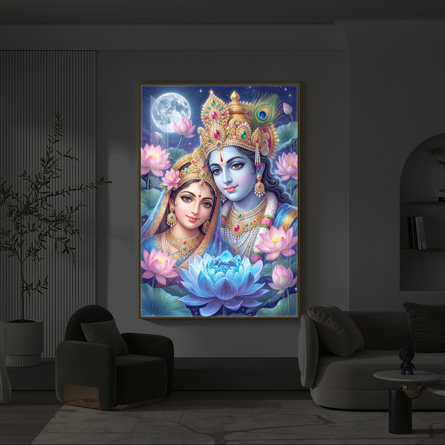 Radha Krishna Divine Togetherness Modern Luxury Backlight Vertical Wall Art