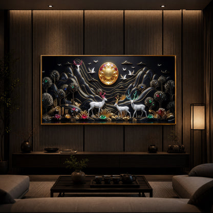 White Deer With Family Modern Luxury Backlight Horizontal Wall Art