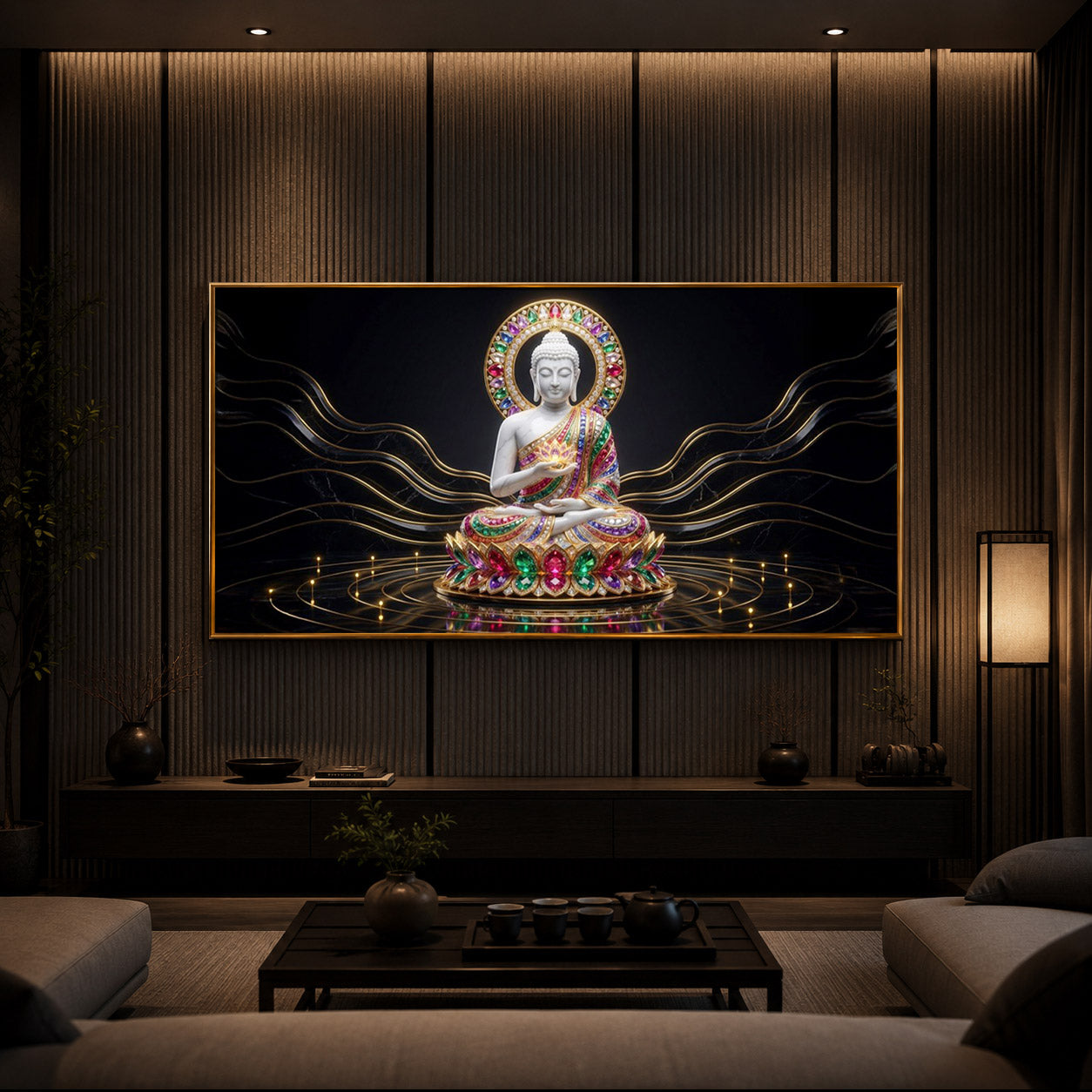 White Buddha Statue Modern Luxury Backlight Horizontal Wall Art