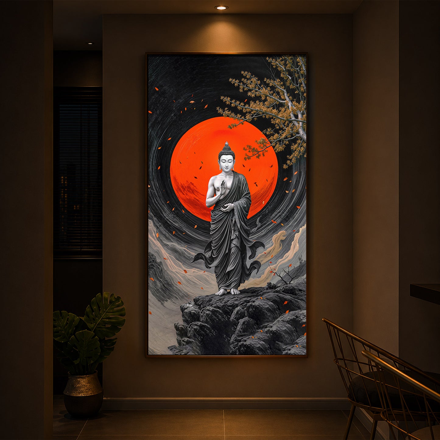 Namo Buddhay Modern Luxury Backlight Vertical Wall Art