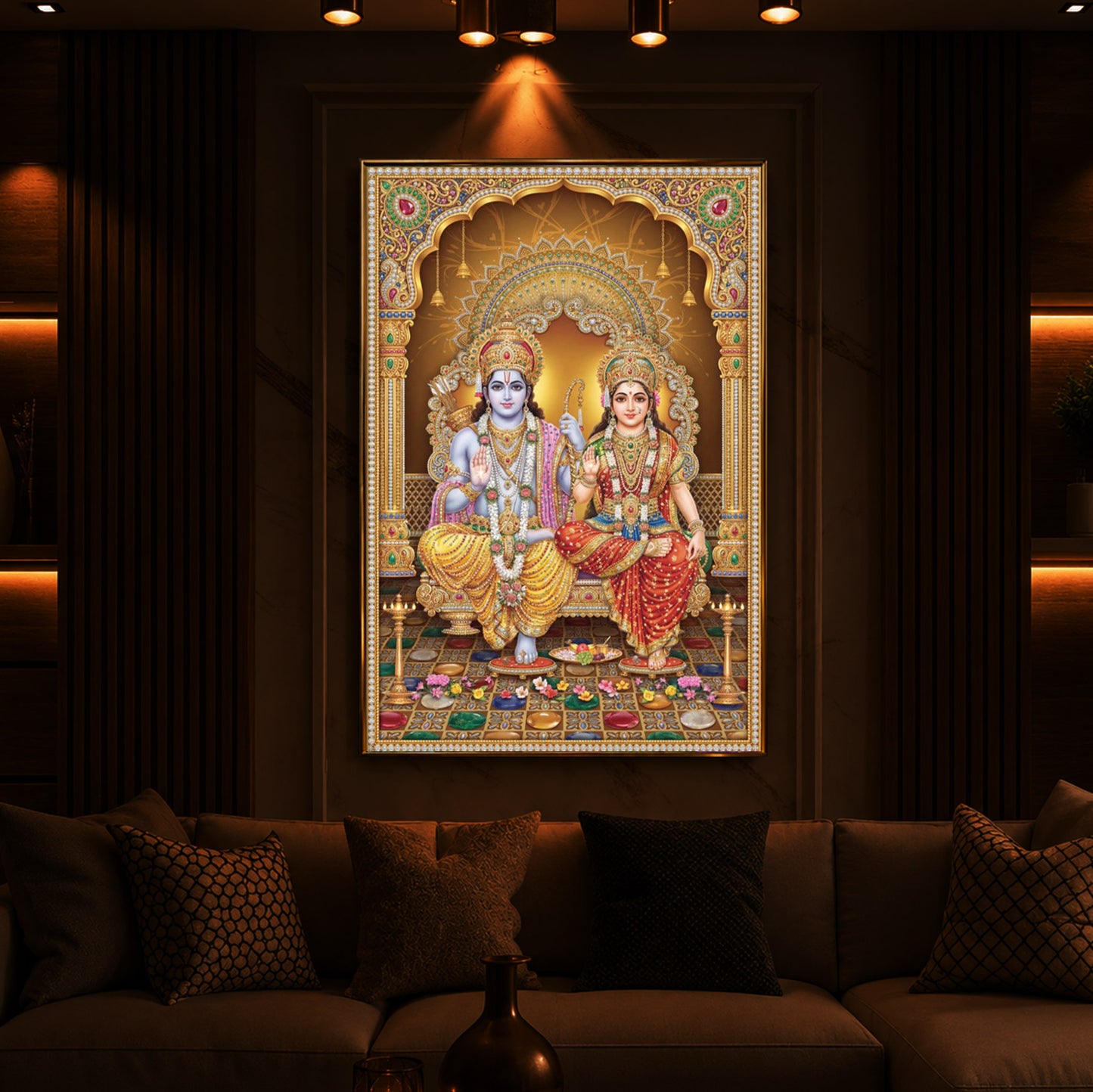 Lord Rama and Goddess Sita Modern Luxury Backlight Vertical Wall Art