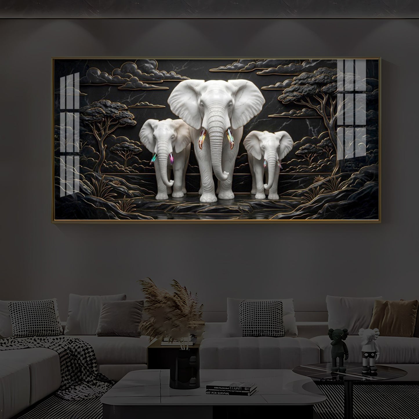 White Elephant Family Modern Luxury Backlight Horizontal Wall Art