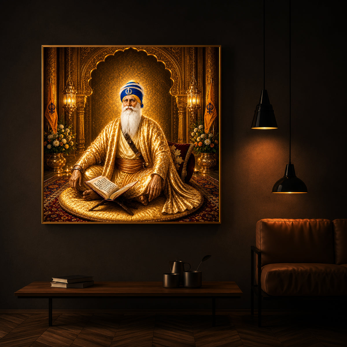 Guru Nanak Dev Ji In Golden Attire Modern Luxury Backlight Square Wall Art