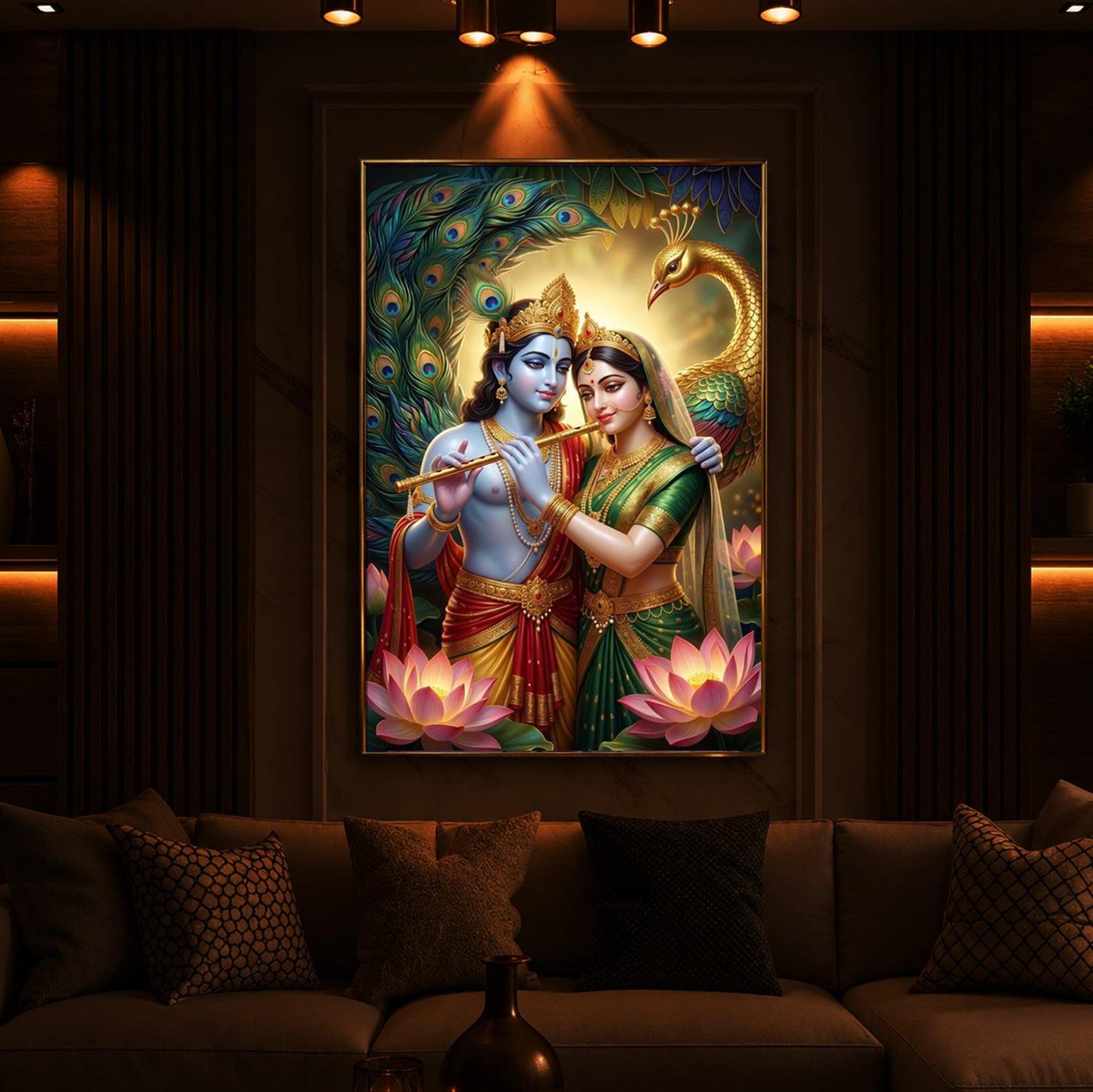 Depiction Of Radha Krishna Modern Luxury Backlight Vertical Wall Art