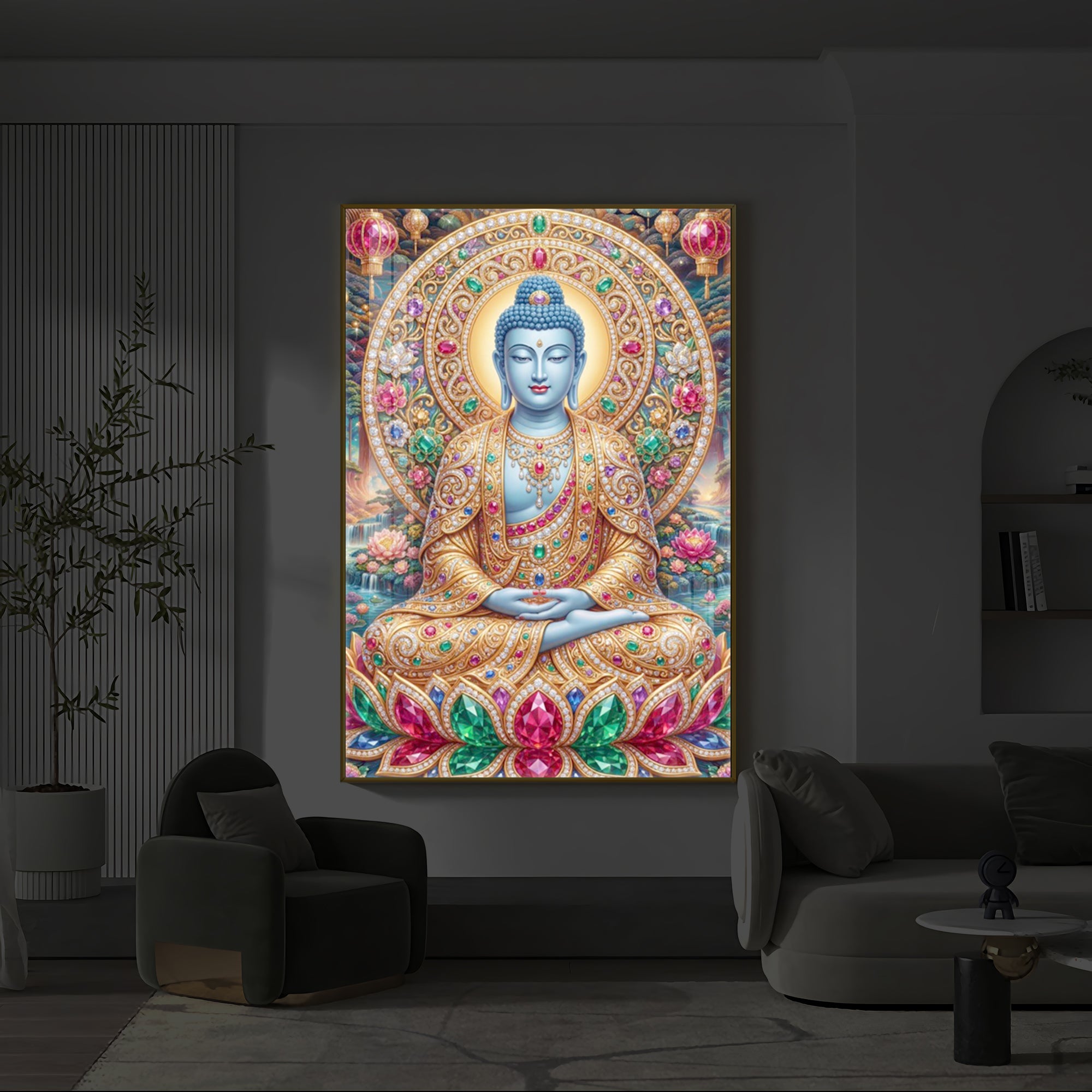 Buddha Blessing Modern Luxury Backlight Vertical Wall Art
