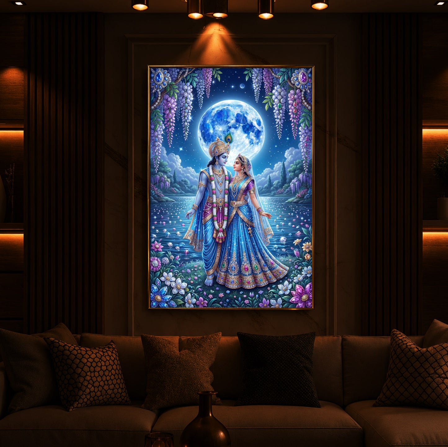 Radha & Krishna Standing Together Modern Luxury Backlight Vertical Wall Art