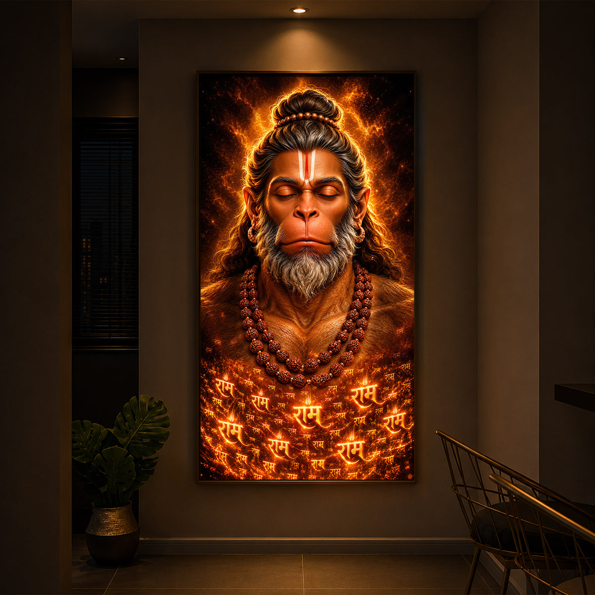 Divine Bajrangbali Meditating Modern Luxury Backlight Vertical Wall Art