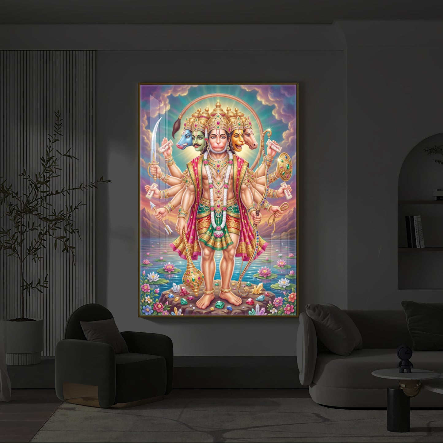 Spiritual Panchamukhi Hanuman Modern Luxury Backlight Vertical Wall Art