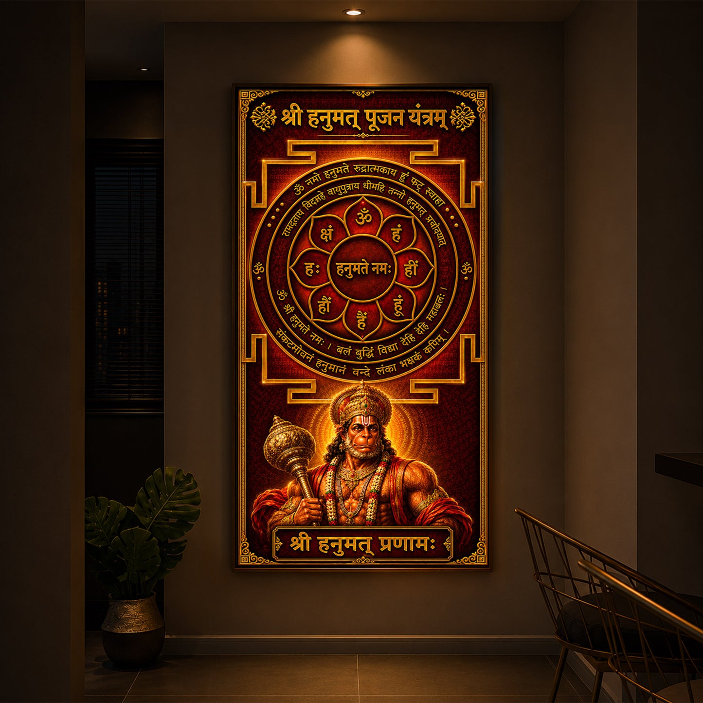 Shri Hanumat Pujan Yantram Modern Luxury Backlight Vertical Wall Art