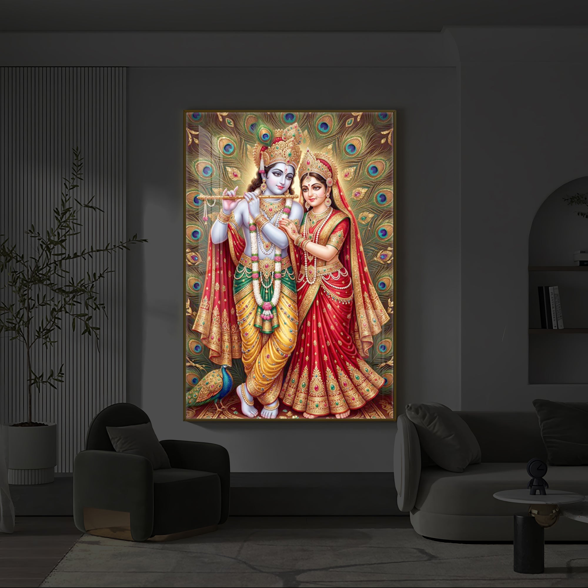 Radha Krishna Divine Bliss Modern Luxury Backlight Vertical Wall Art