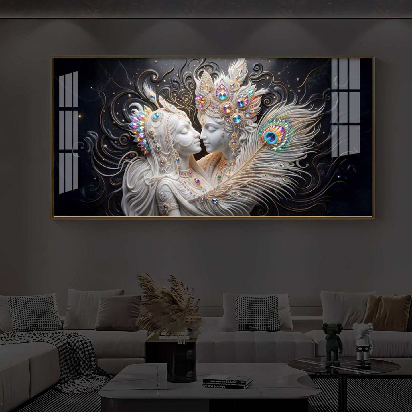 Depicts Radha Krishna Modern Luxury Backlight Horizontal Wall Art