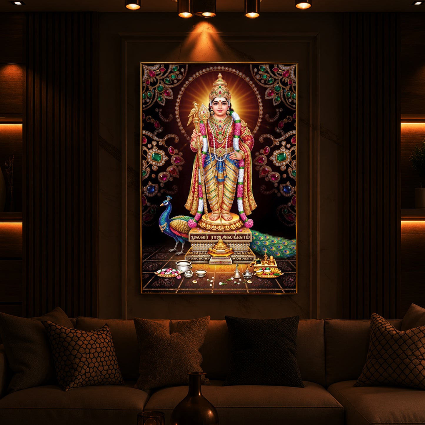 Lord Murugan With Peacock Modern Luxury Backlight Vertical Wall Art
