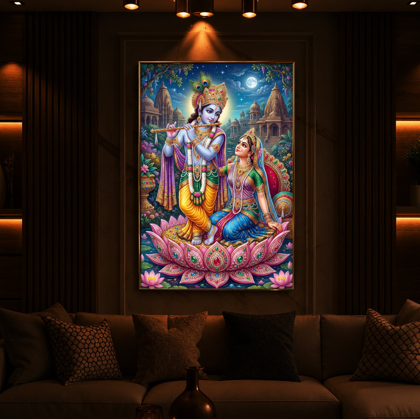 Goddess Radha and God Krishna Modern Luxury Backlight Vertical Wall Art