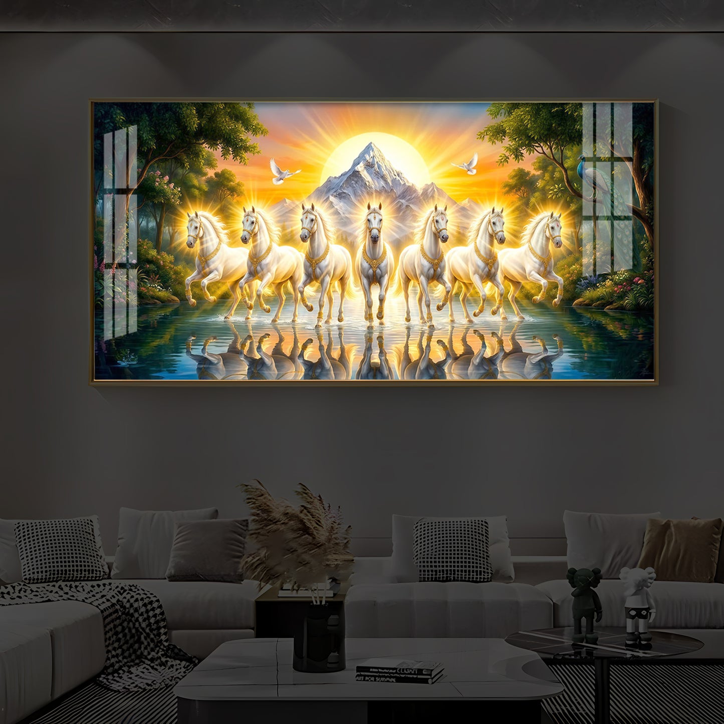 7 White Horses River Glloping Modern Luxury Backlight Horizontal Wall Art