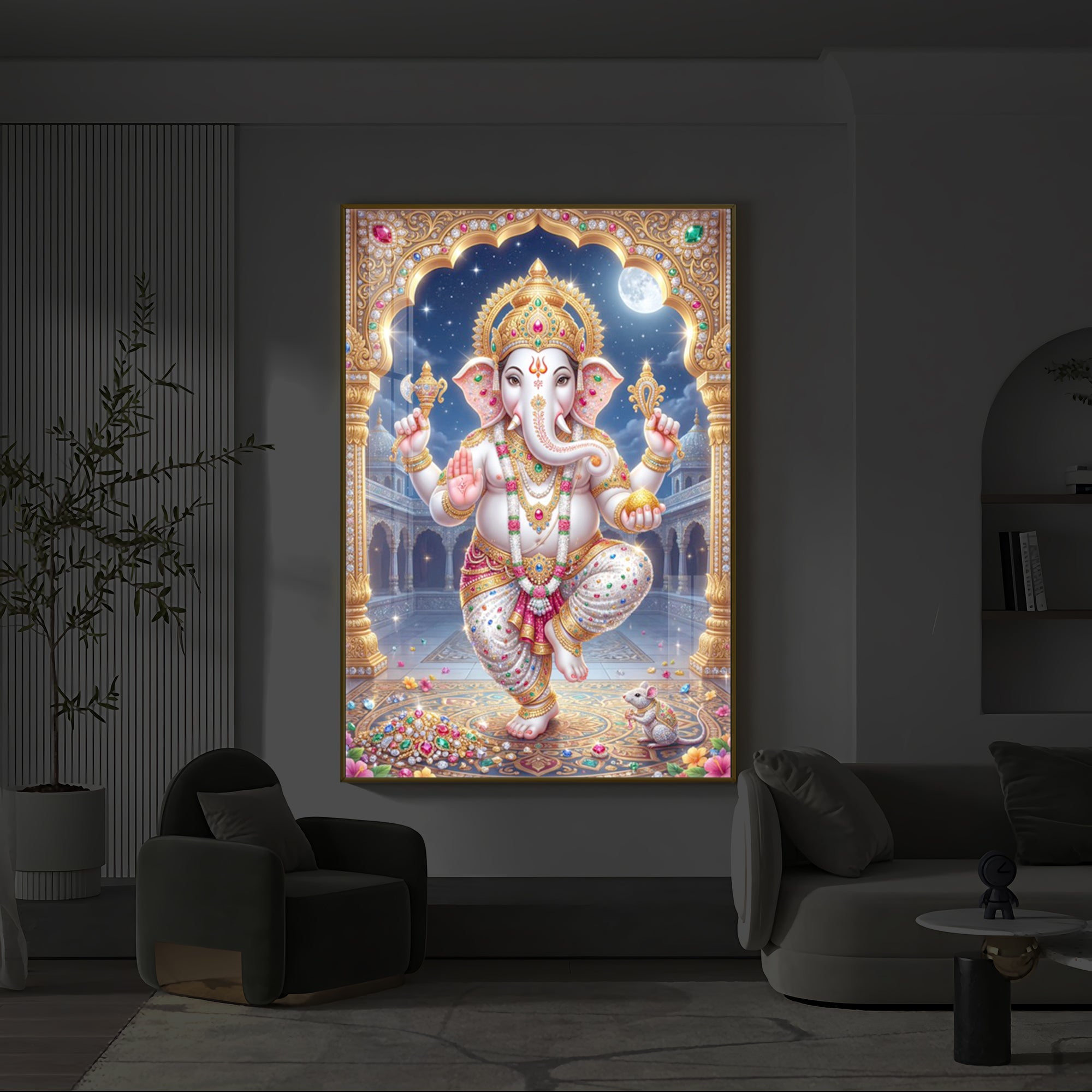 Hindu Shree Ganesh Modern Luxury Backlight Vertical Wall Art