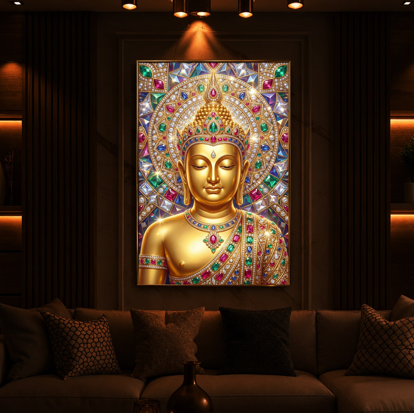 Exquisite Golden Buddha Modern Luxury Backlight Vertical Wall Art