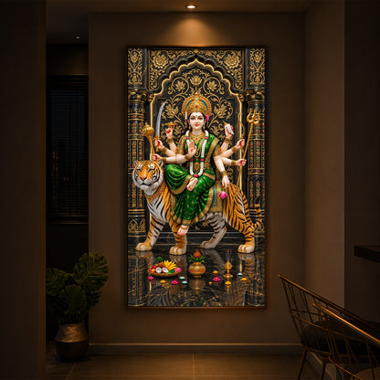 Maa Durga In Green Saree Modern Luxury Backlight Vertical Wall Art