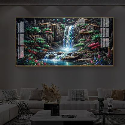 Lush Mountain Waterfall Modern Luxury Backlight Horizontal Wall Art