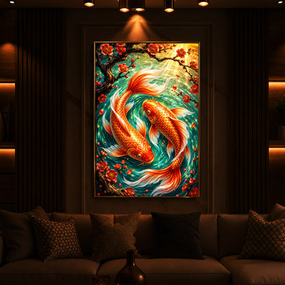 Two Beautiful Koi Fish Modern Luxury Backlight Vertical Wall Art