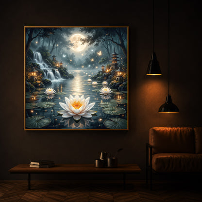 Moonlit Zen Lotus Pond Modern Luxury Backlight Square Wall Art