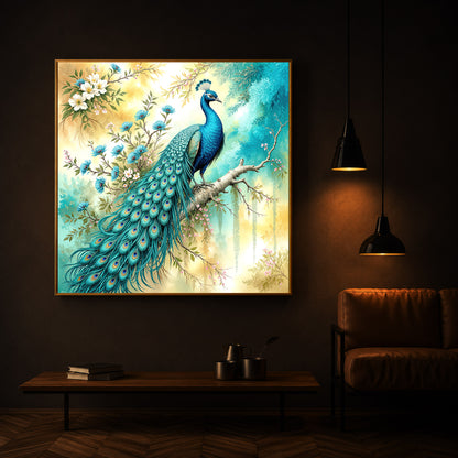 Peacock Perch Art Modern Luxury Backlight Square Wall Art