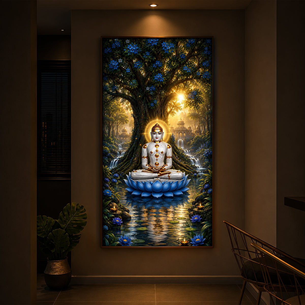 Divine Bhagwan Mahavir On Blue Lotus Modern Luxury Backlight Vertical Wall Art