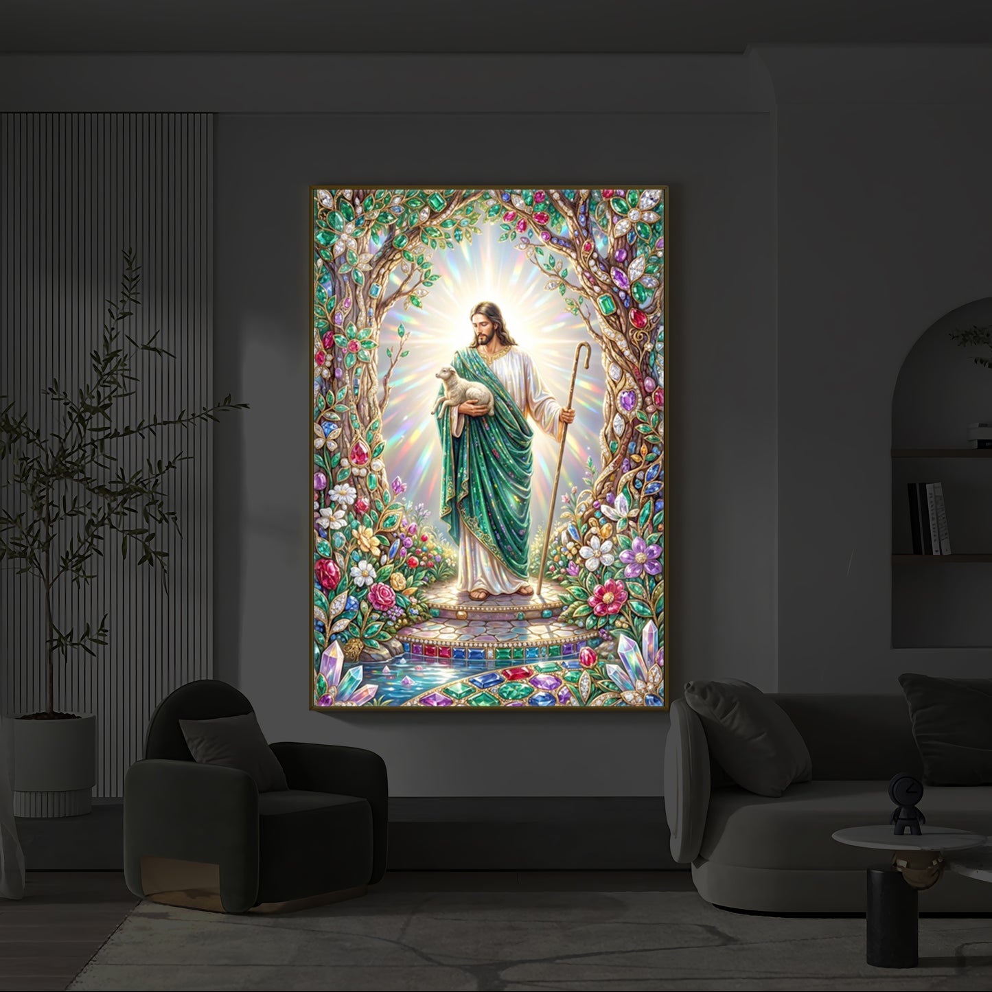 Divine Good Shepherd Jesus Modern Luxury Backlight Vertical Wall Art