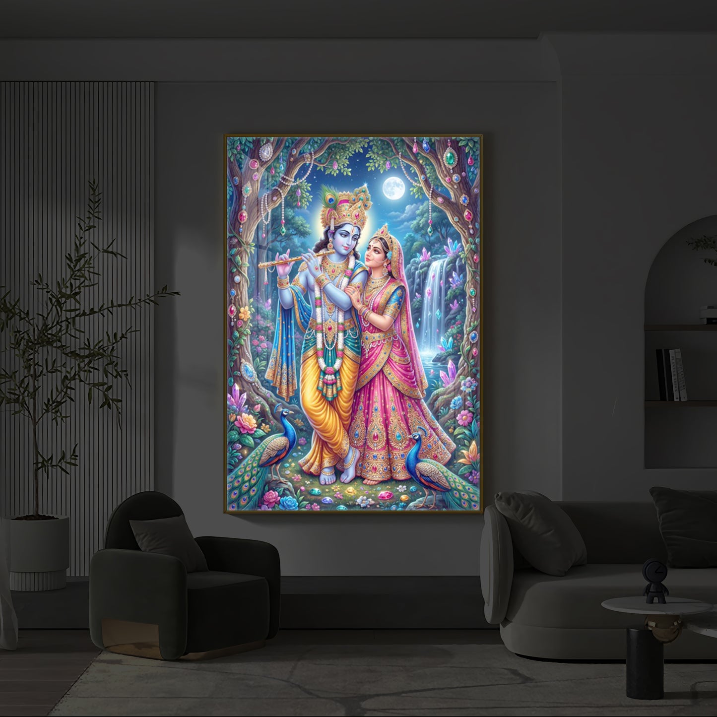 Eternal Love of Radha Krishna Modern Luxury Backlight Vertical Wall Art