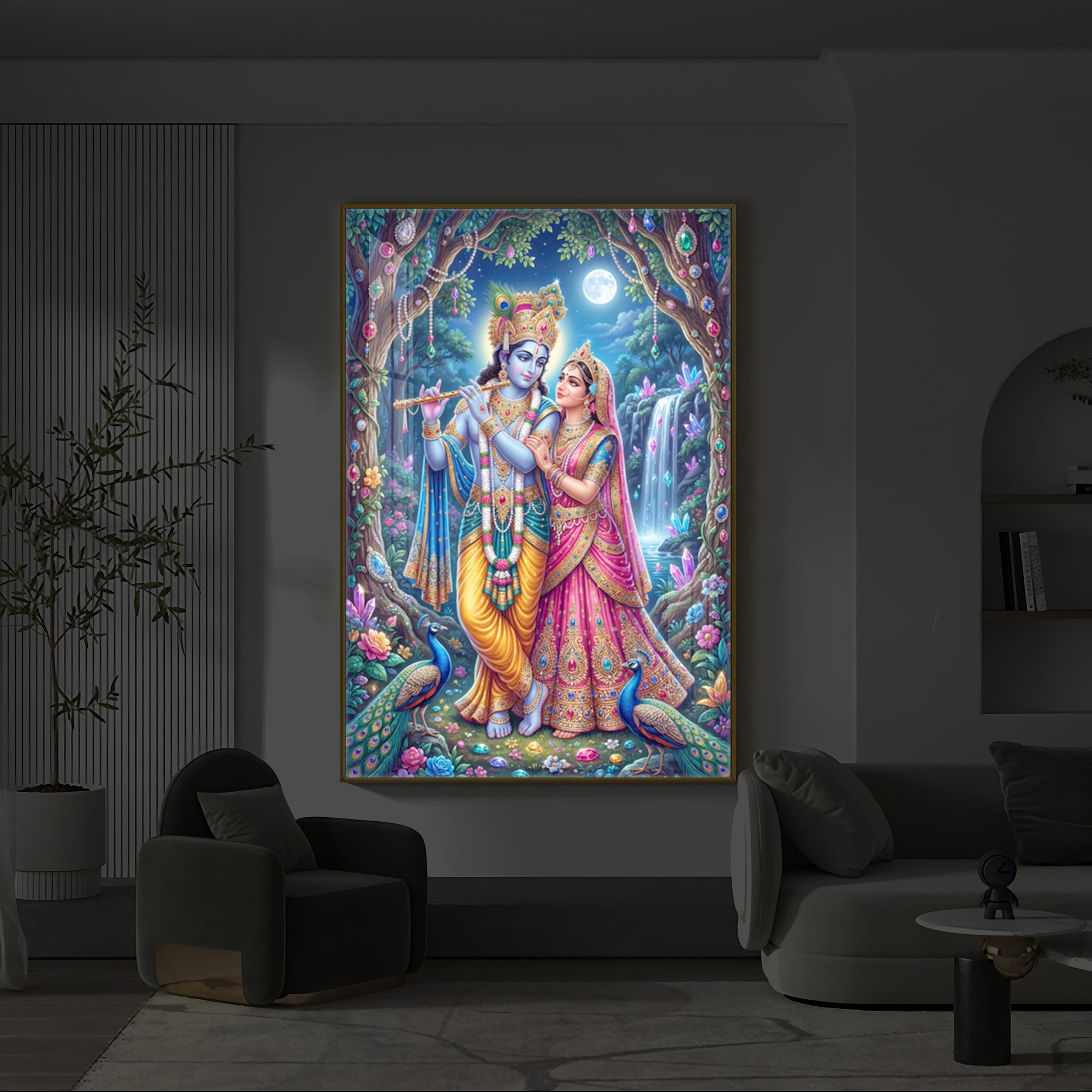 Eternal Love of Radha Krishna Modern Luxury Backlight Vertical Wall Art