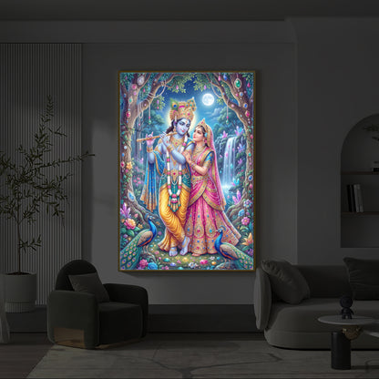 Eternal Love of Radha Krishna Modern Luxury Backlight Vertical Wall Art