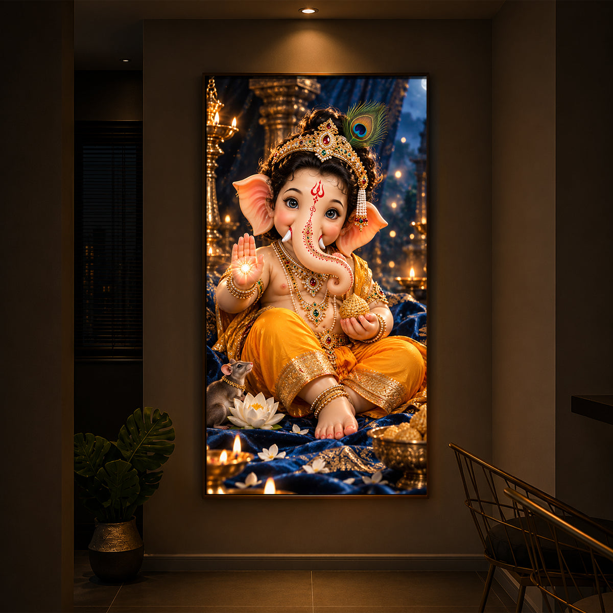 Bal Ganesha Blessings Modern Luxury Backlight Vertical Wall Art
