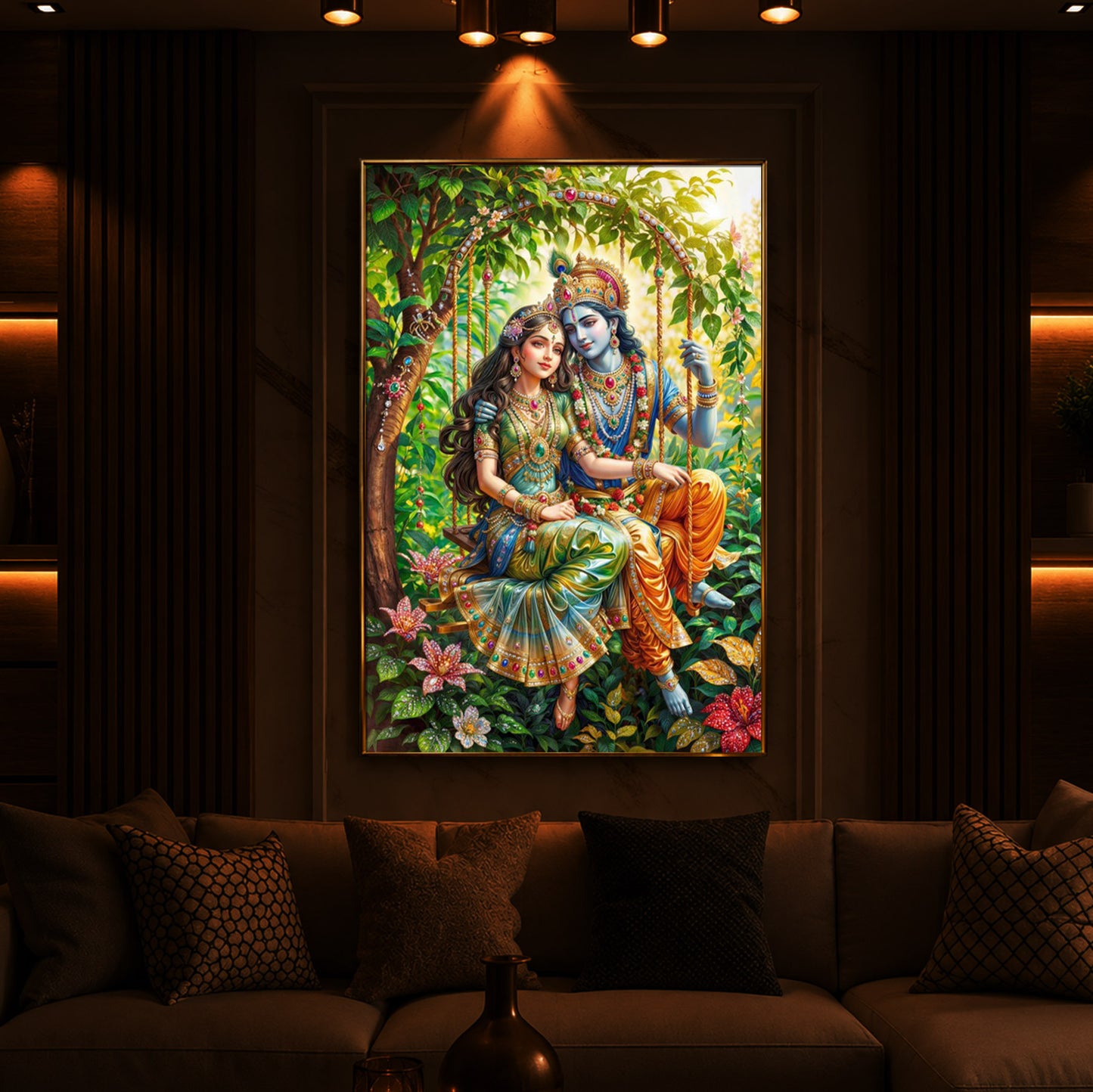 Radha Krishna Modern Luxury Backlight Vertical Wall Art