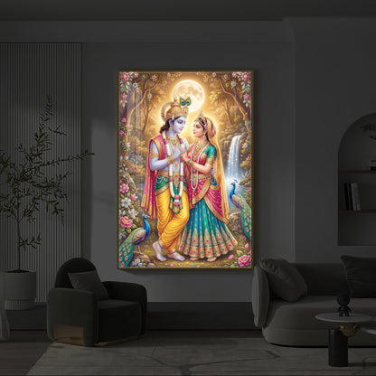 Radha Krishna in Vrindavan Garden Modern Luxury Backlight Vertical Wall Art