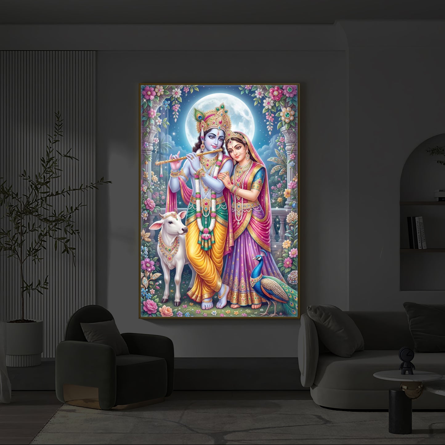 Moonlit Radha Krishna Leela Modern Luxury Backlight Vertical Wall Art