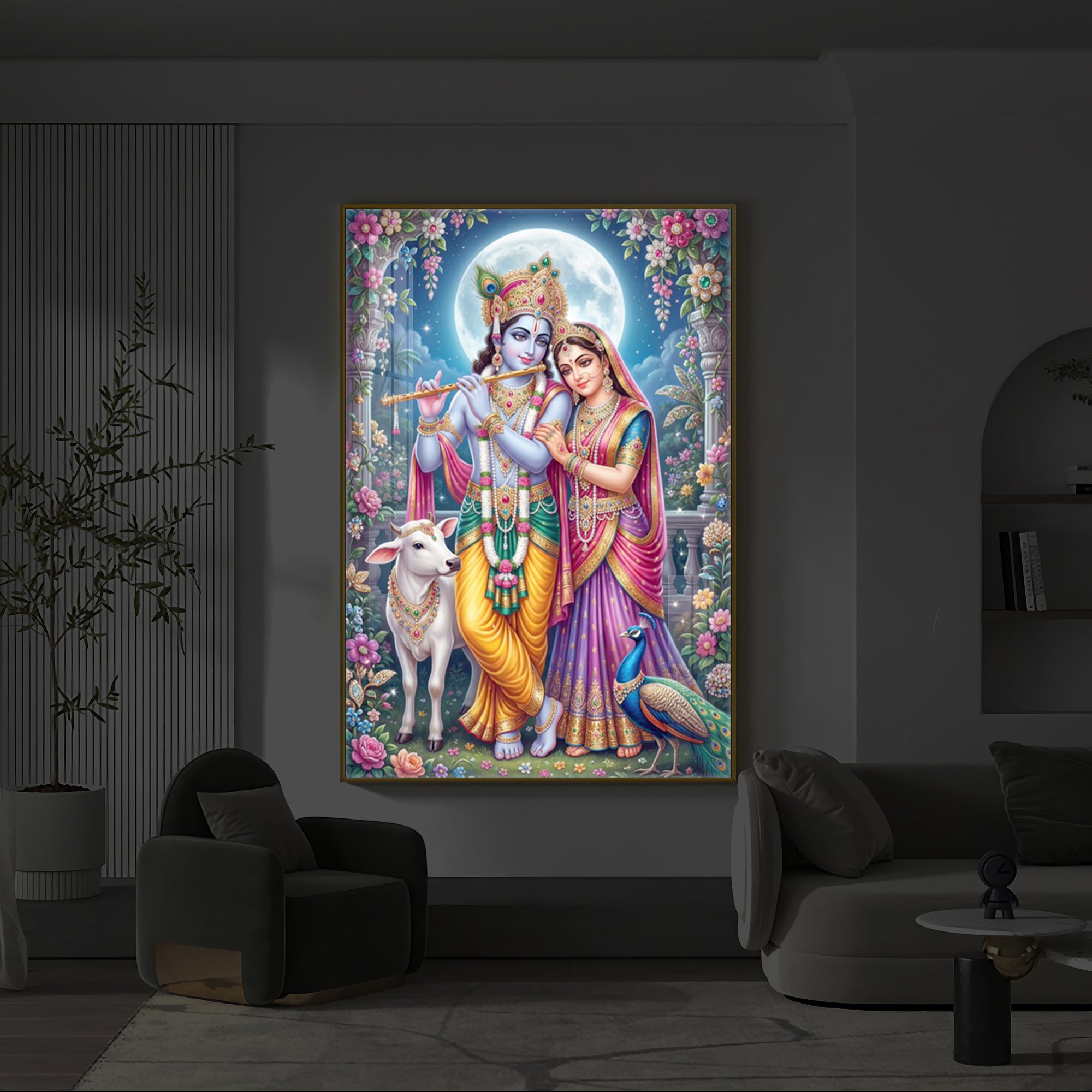 Moonlit Radha Krishna Leela Modern Luxury Backlight Vertical Wall Art