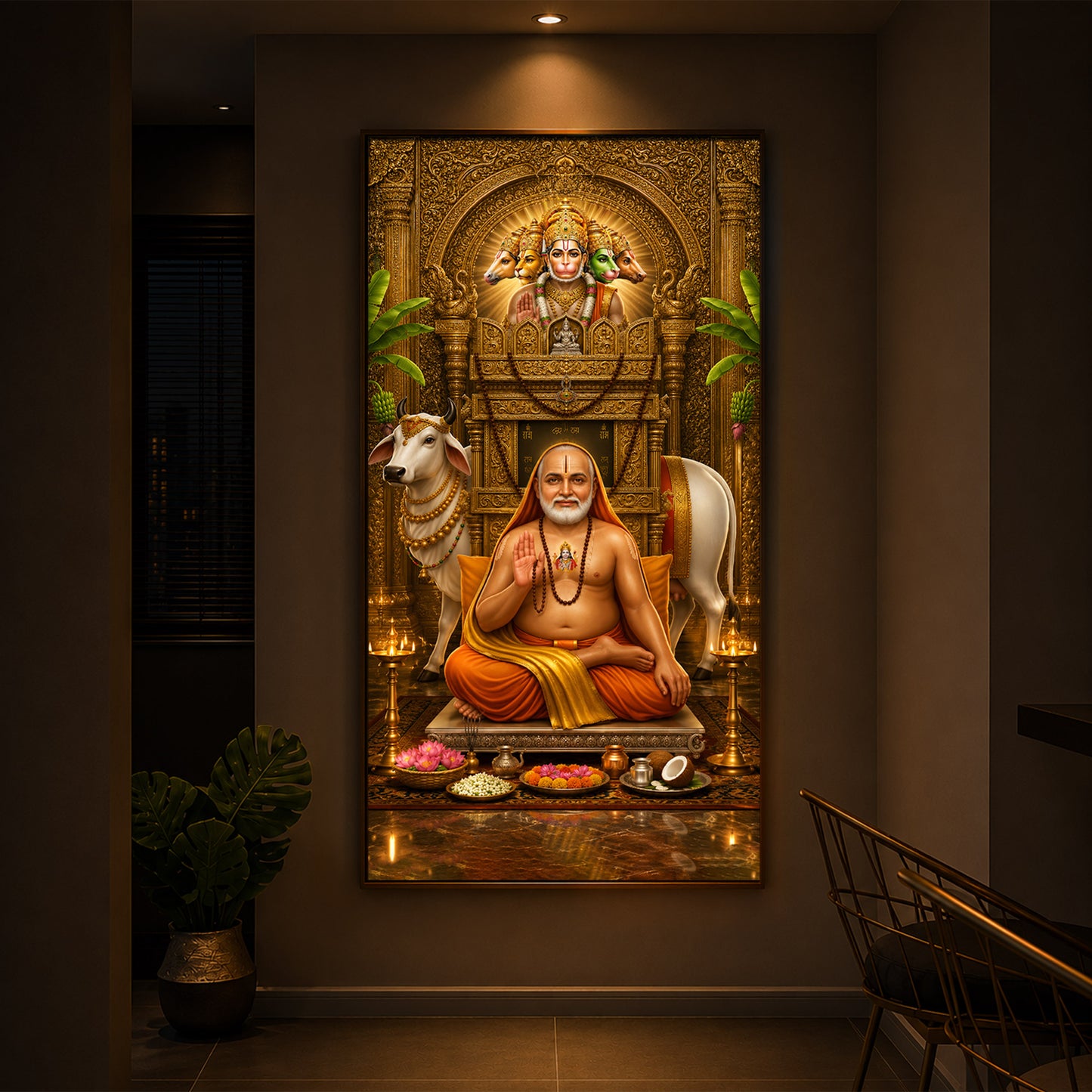 Sri Raghavendra Swamy With Cow Modern Luxury Backlight Vertical Wall Art