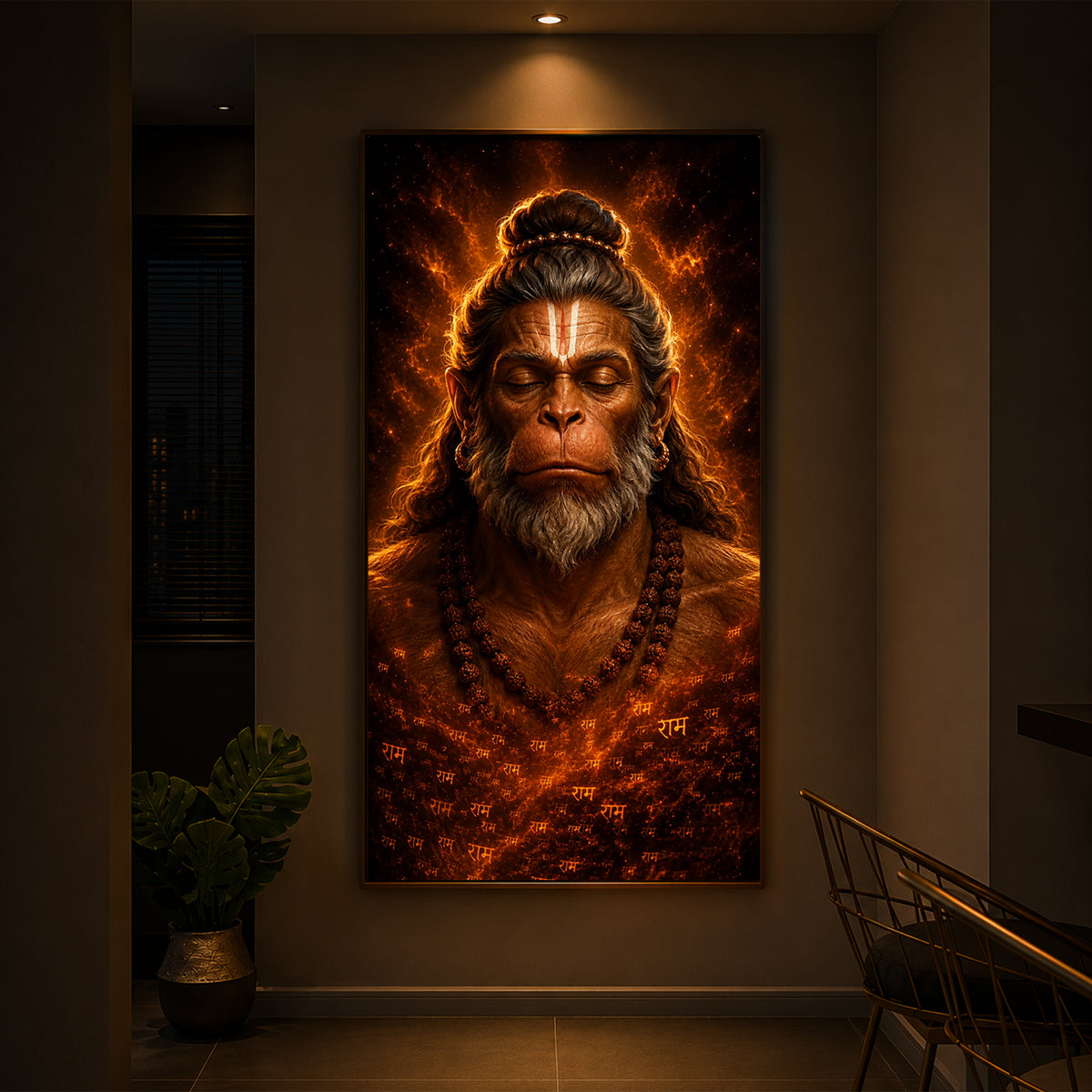 Divine Bajrangbali Meditating Modern Luxury Backlight Vertical Wall Art