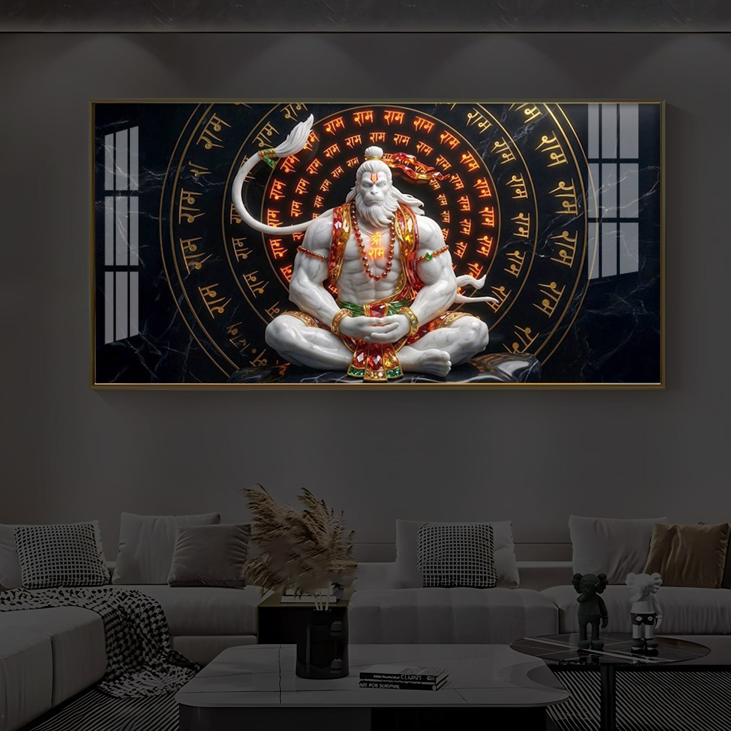 Lord Hanuman Sitting In A Meditative Modern Luxury Backlight Horizontal Wall Art
