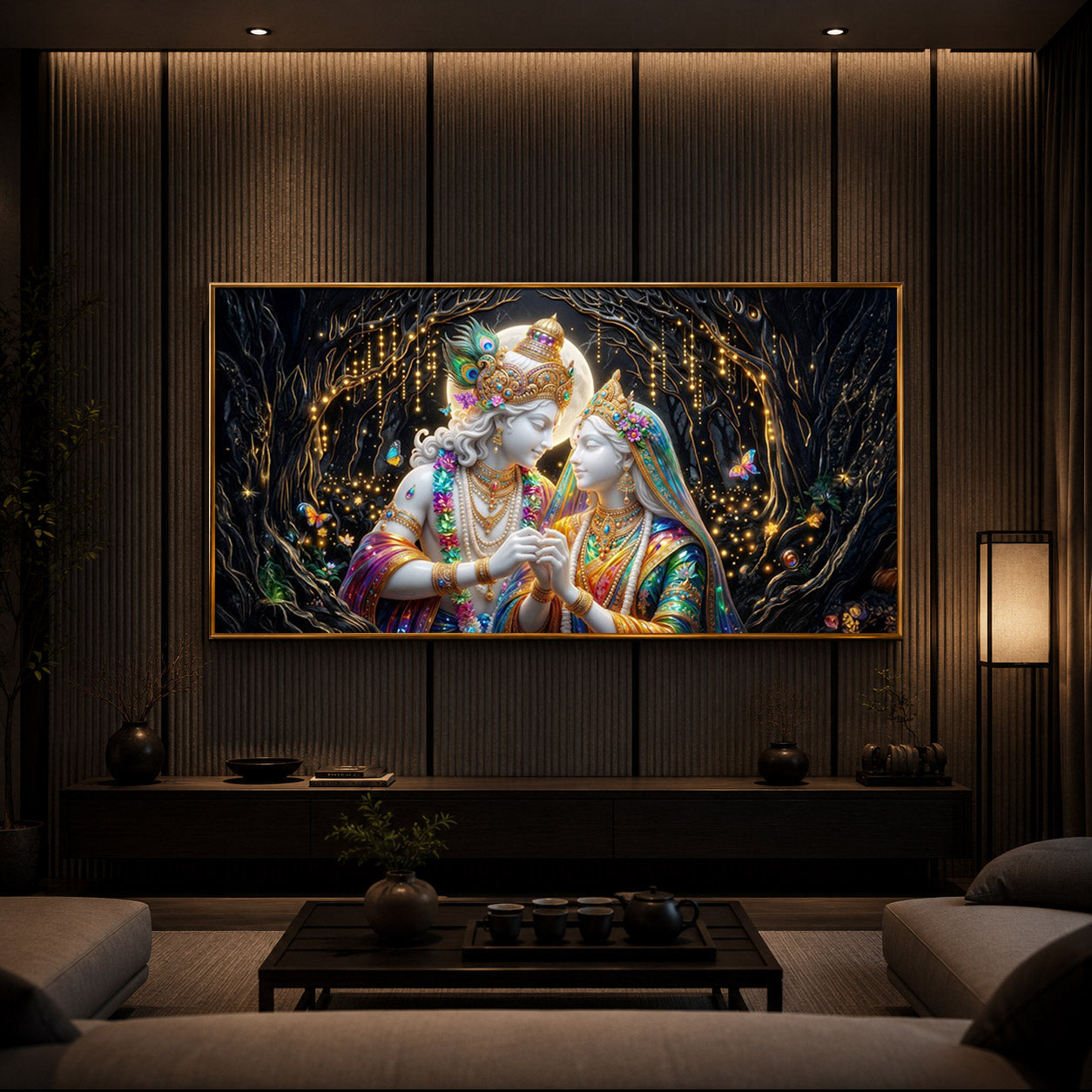 Spiritual Moonlight Radha Krishna Modern Luxury Backlight Horizontal Wall Art