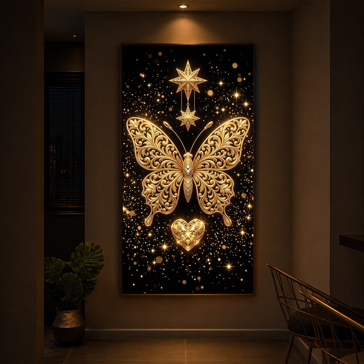 Golden Butterfly Modern Luxury Backlight Vertical Wall Art