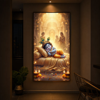 Sleeping Little Krishna Ji Modern Luxury Backlight Vertical Wall Art