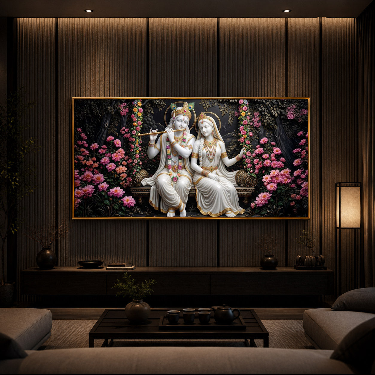 Radha Krishna With Flower Modern Luxury Backlight Horizontal Wall Art
