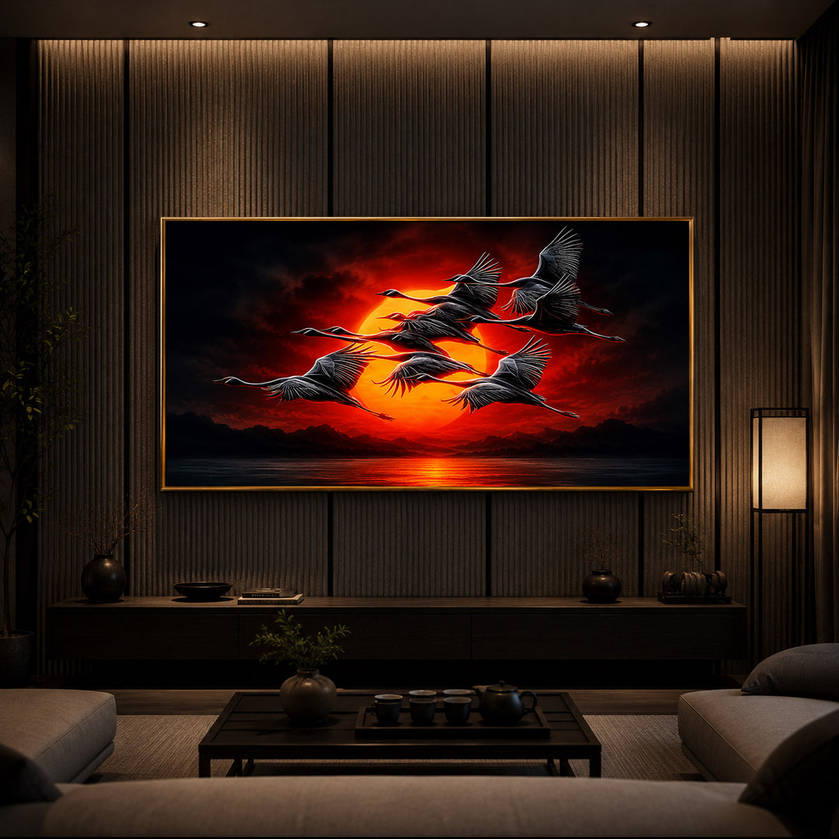 Flying Cranes At Sunset Modern Luxury Backlight Horizontal Wall Art