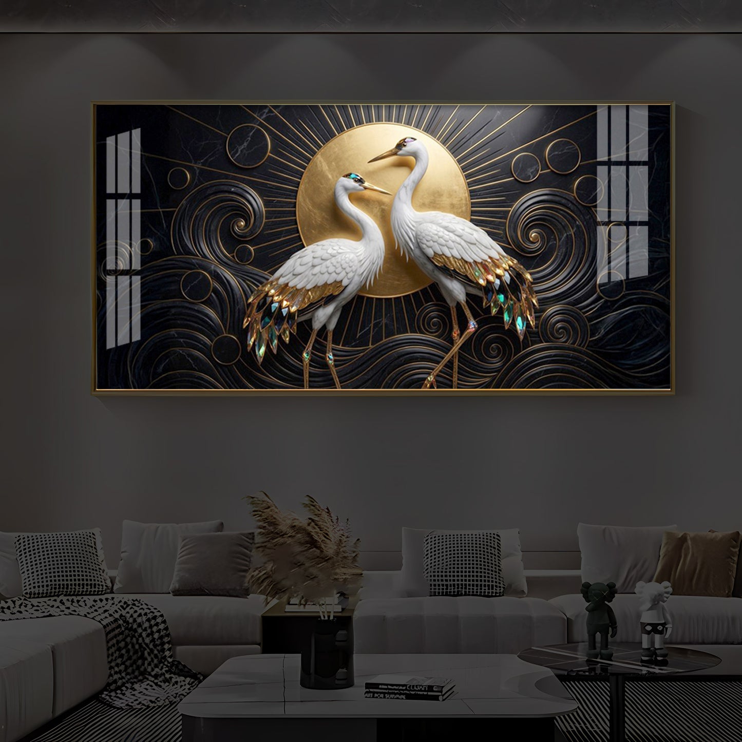 White Crane Modern Luxury Backlight Horizontal Wall Art
