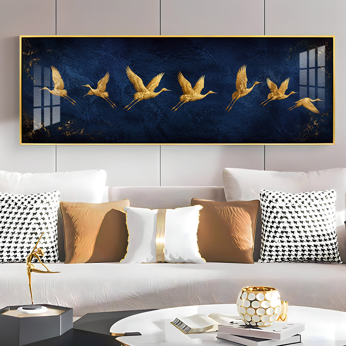 Golden Flying Cranes Dark Blue Premium Acrylic Horizontal Wall Art