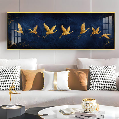 Golden Flying Cranes Dark Blue Premium Acrylic Horizontal Wall Art